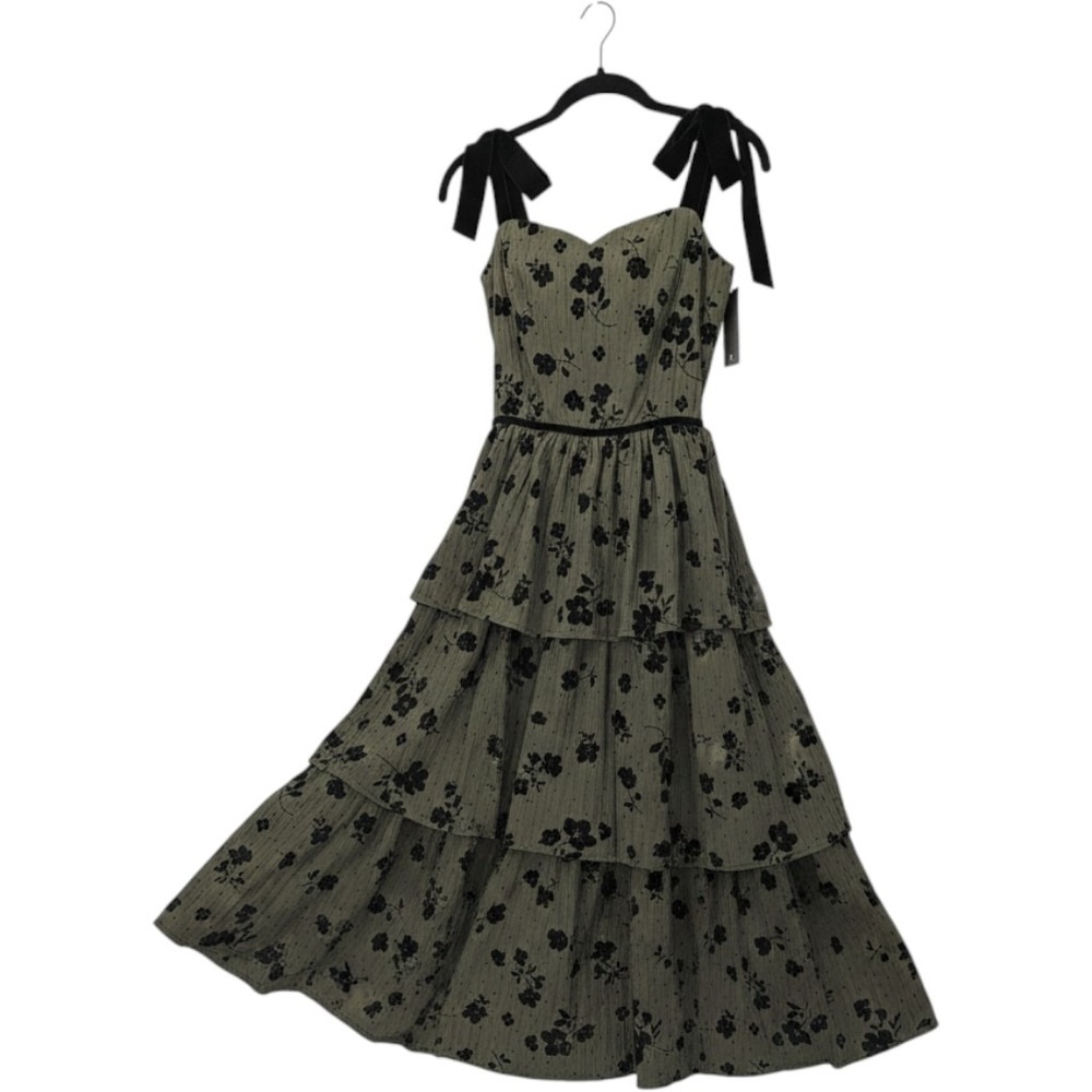 La February Dress Women Small Olive Green Floral Velvet Tie Shoulder Tiered Midi